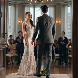 Została przy ołtarzu, a gdy wszyscy zaczęli szemrać, jej szef podszedł powoli, pochylił się i szepnął: „Grajcie razem. Udawajcie, że jestem panem młodym. Muzyka – teraz”.