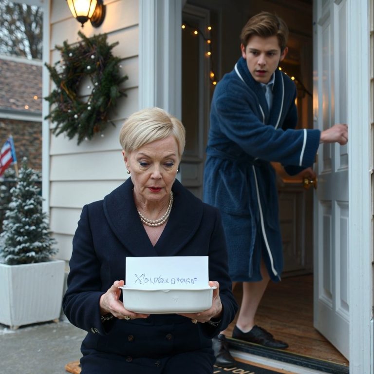 W Boże Narodzenie mój własny syn odesłał mnie od kolacji, jakbym była obca. Jego niski, napięty głos brzmiał: „Nie ma dla ciebie miejsca przy stole”, a światło na ganku zamieniło zimne powietrze między nami w coś ostrego. Nie kłóciłam się, nie błagałam, po prostu stałam tam z przykrytym talerzem z puddingiem, grzejąc dłonie, podczas gdy śmiech sączył się przez drzwi.