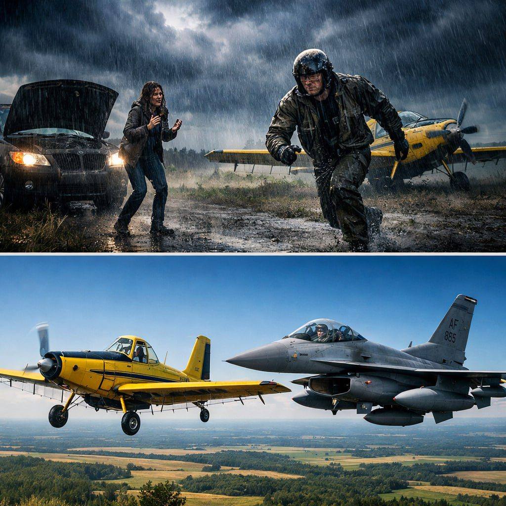 Rolnik ląduje, aby pomóc kobiecie uwięzionej w burzy. Następnego ranka jego samolot do oprysku pól zostaje przechwycony przez F-16…