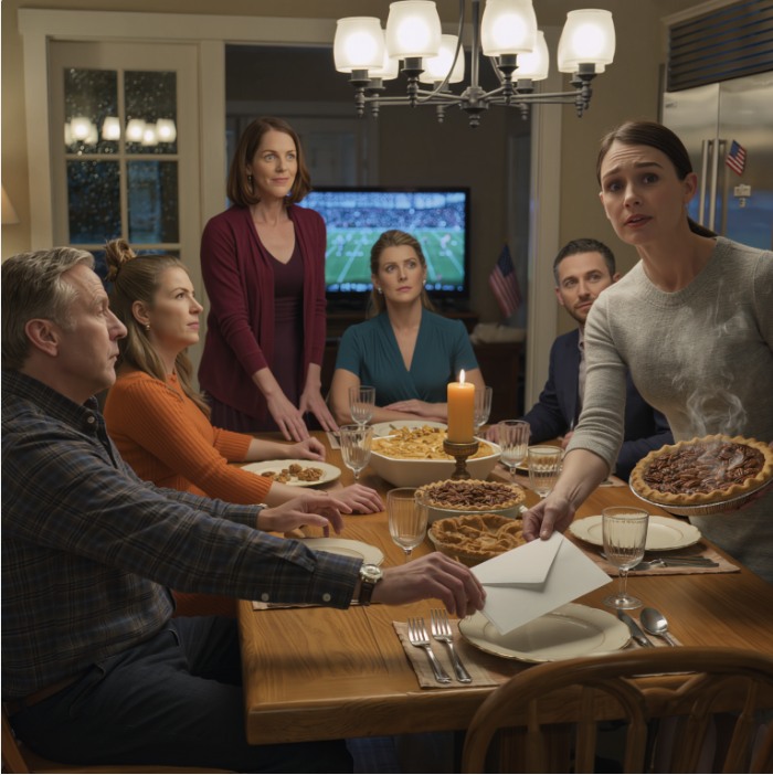 W Święto Dziękczynienia rodzice usunęli moje miejsce od stołu, a mama powiedziała: „Nie ma miejsca na rozczarowania”. Nie sprzeciwiłem się. Po prostu odłożyłem babciny placek pekanowy, wsunąłem kopertę na talerz taty i powiedziałem: „Szczęśliwego Święta Dziękczynienia. W końcu wiem, dlaczego mnie nienawidzisz”. W pokoju zapadła taka cisza, że ​​słychać było stłumiony mecz futbolowy z pokoju dziennego.