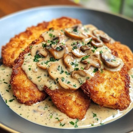 Złoty chrupiący kurczak z pieczarkami i sosem parmezanowym