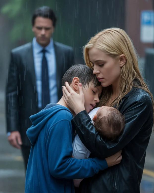 „Nie płacz już, kochanie, to już koniec” – mruknęła Elise, głaszcząc mokrą buzię nieznajomego chłopca. „Jak masz na imię, proszę pani?” Nino, dwunastoletni chłopiec, drżący w deszczu.