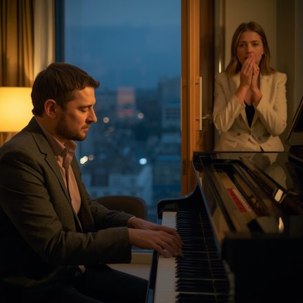 Samotny ojciec i dozorca gra na pianinie z niewidomą dziewczynką — nie wiedząc, że za drzwiami stoi jej matka, prezeska firmy